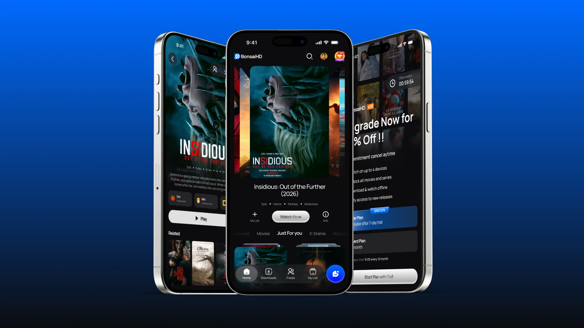 BonsaiHD streaming app: home, movie detail and VIP upgrade screens