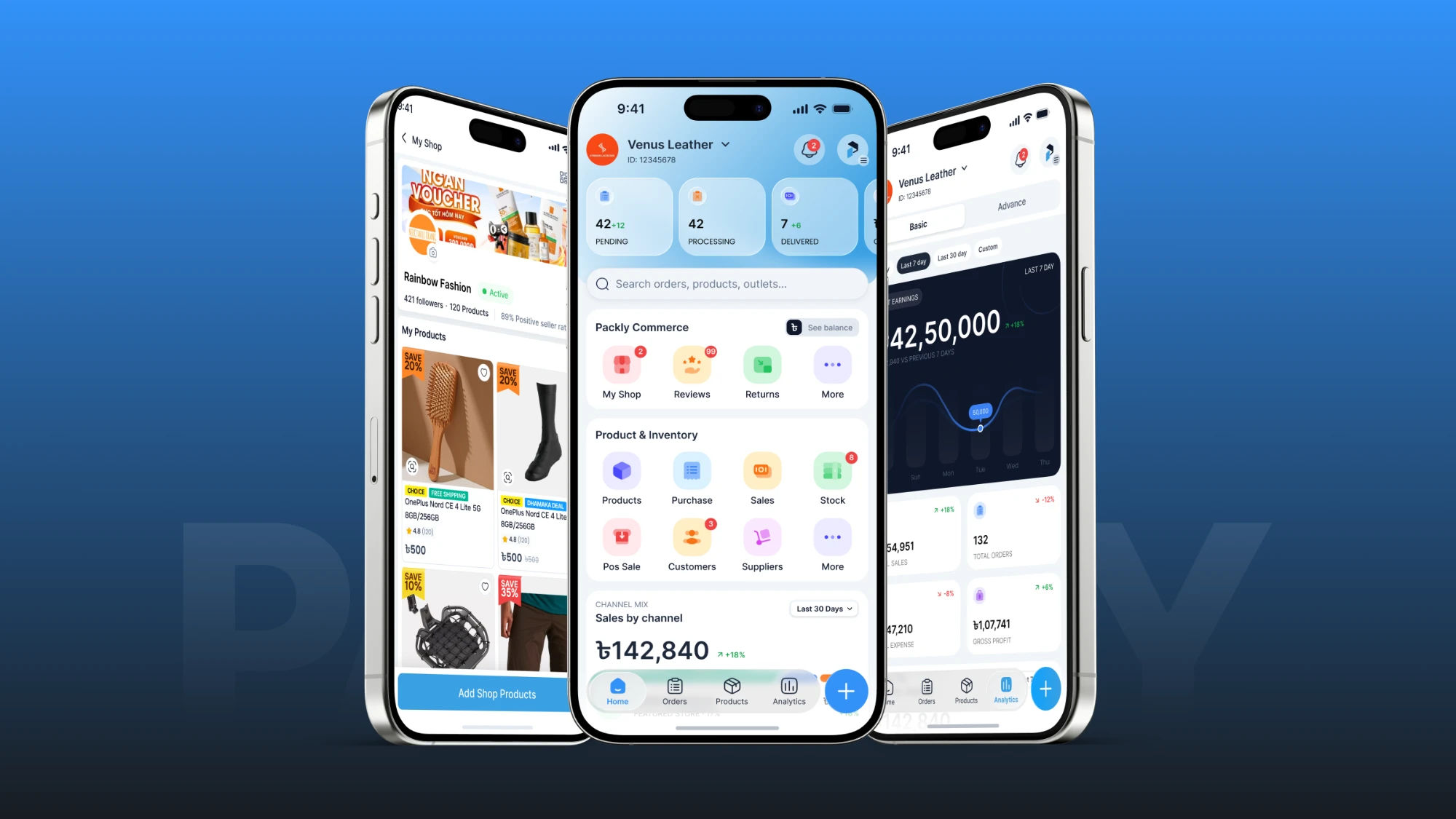 Packly Business Manager V2: My Shop, home and analytics screens