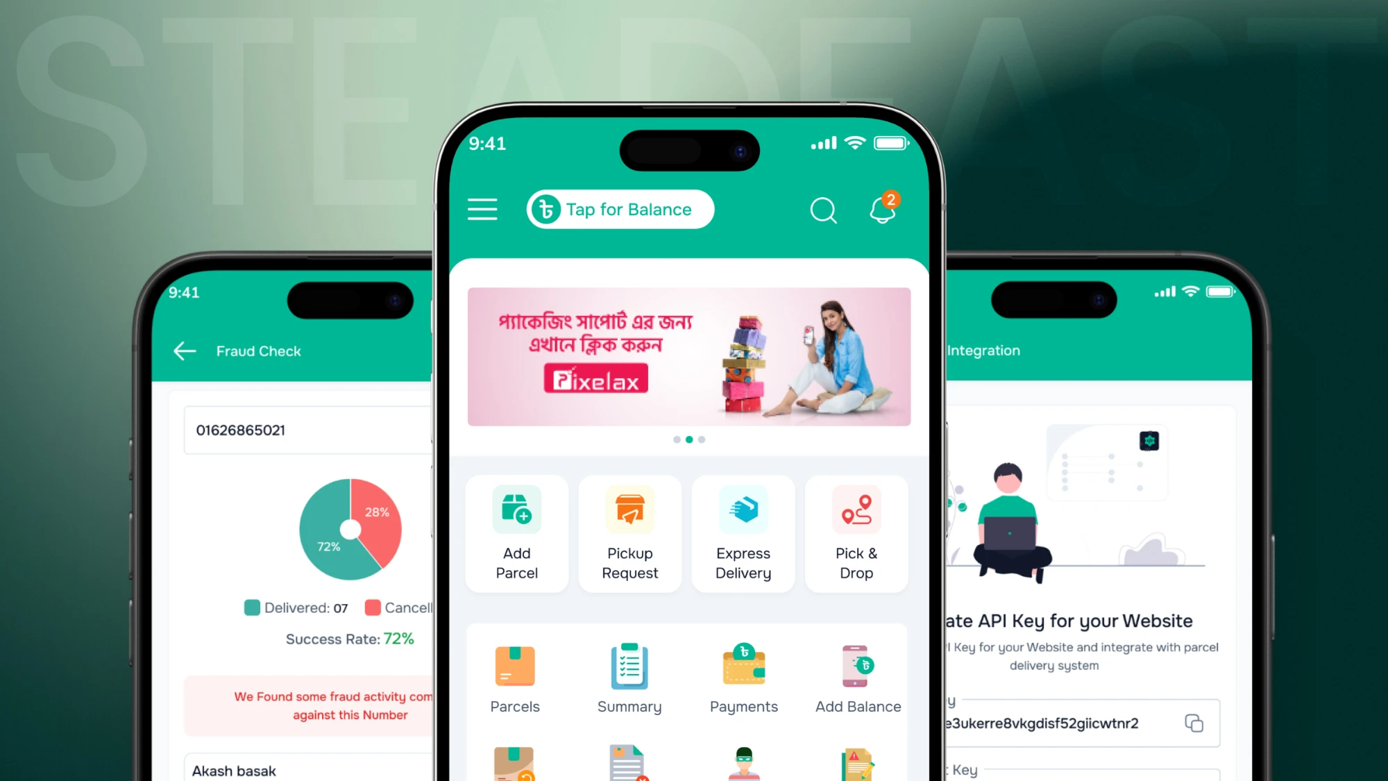 Steadfast Merchant app screens for parcel booking, parcel summaries and merchant payments
